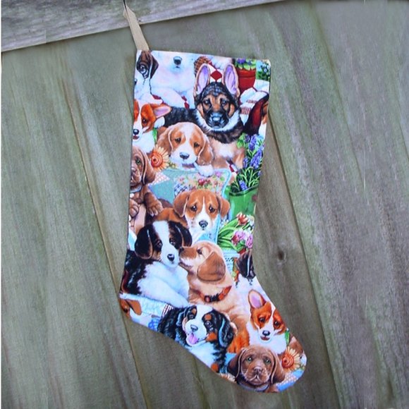 CUTE PUPPIES CHRISTMAS STOCKING HANDMADE HOLIDAY PUPPY DOG 100% COTTON LINED - Picture 1 of 5